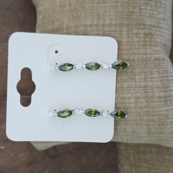 Silver Tone Peridot Green Rhinestone Crystal Drop Post Earrings - Picture 4 of 6